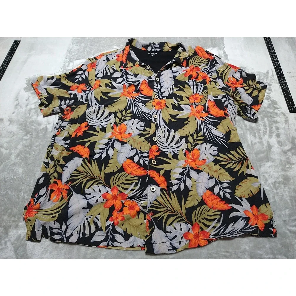 KC Island Hawaiian Shirt Men‎ 2XL Black Floral Tropical Vacation Button Up